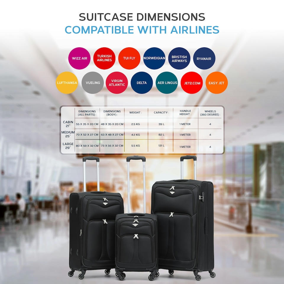 image 1 of Flight Knight Lightweight 4 Wheel 800D Soft Case Suitcases Anti Crack Cabin & Hold Luggage Options 100 Airlines Approved - Including easyJet, BA & Many More! Black | Black | Large