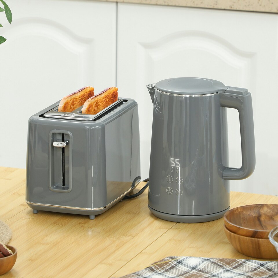 image 1 of HOMCOM 1.5L 3000W Fast Boil Electric Kettle and 2 Slice Toaster Set, Grey