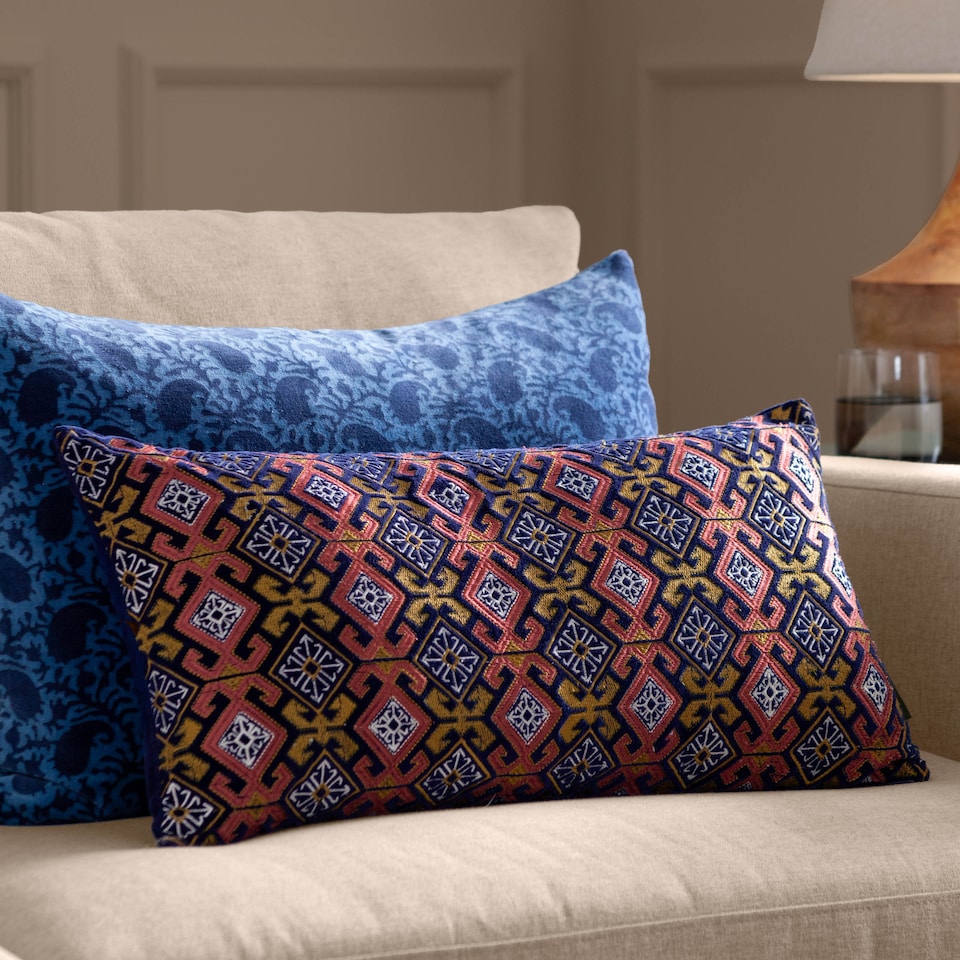 image 1 of Paoletti Embroidered Velvet Cushion, Rose/Blue, 30 x 60cm