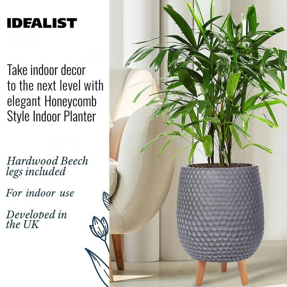 image 1 of Honeycomb Style Dark Grey Planter with Legs, Round Indoor Plant Pot Stand for Indoor Plants by Idealist Lite D30 H43 cm, 19L