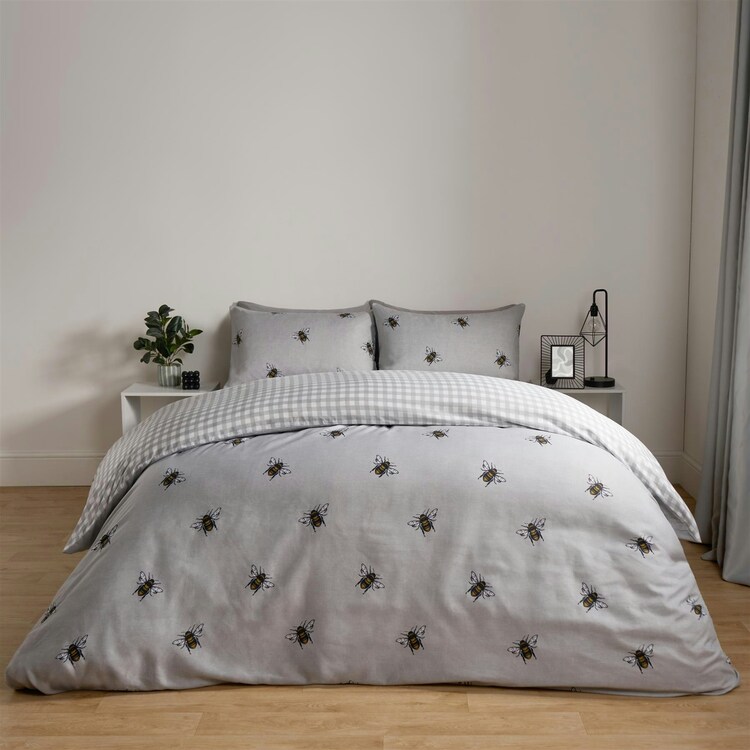 Ohs Bee Check Reversible Print Duvet Quilt Cover Bedding Set, King - Grey
