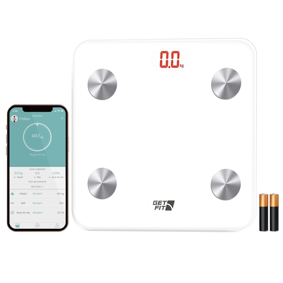 image 1 of Get Fit Smart Bathroom Scales - Monitor Weight Loss Digital Body Weighing Scale, Connect to IOS/Android via Bluetooth with APP, LCD Display, Auto On/Off - White