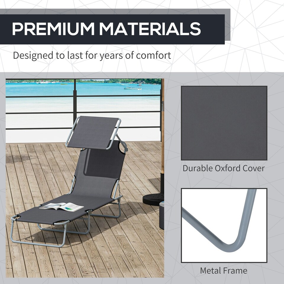 image 1 of Outsunny Folding Chair Sun Lounger Recliner Seat Sunshade Garden Outdoor Grey