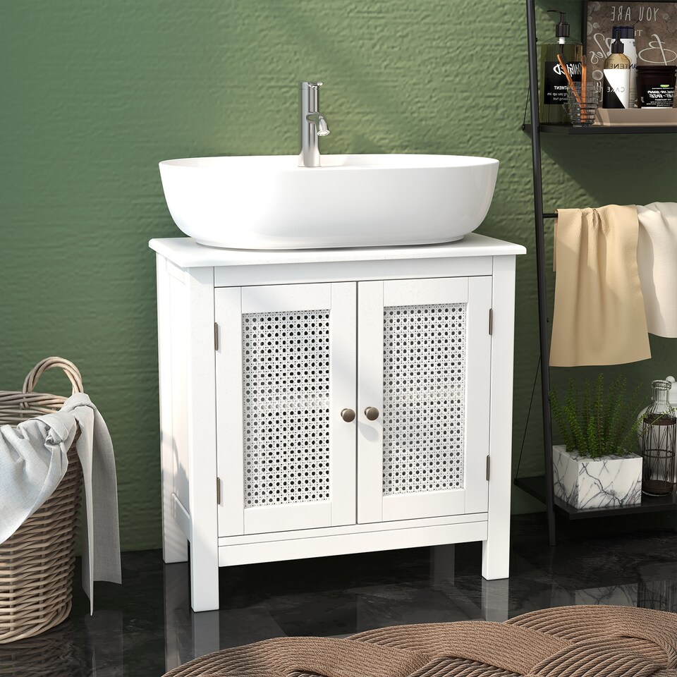 image 1 of COSTWAY Pedestal Sink Storage Cabinet with 2 Doors White
