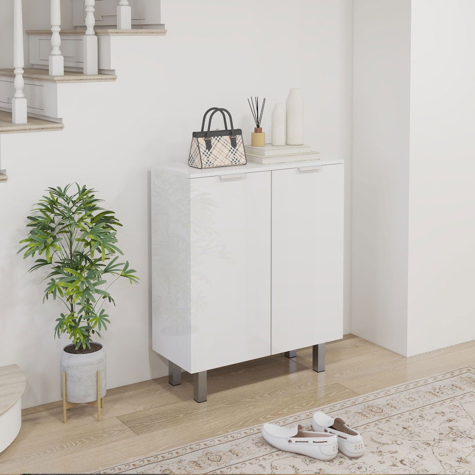 image 1 of HOMCOM Shoe Cabinet, Compact Shoe Storage Cabinet with Soft-Close Hinges and Adjustable Shelves for 15-20 Pairs of Shoes, High Gloss White