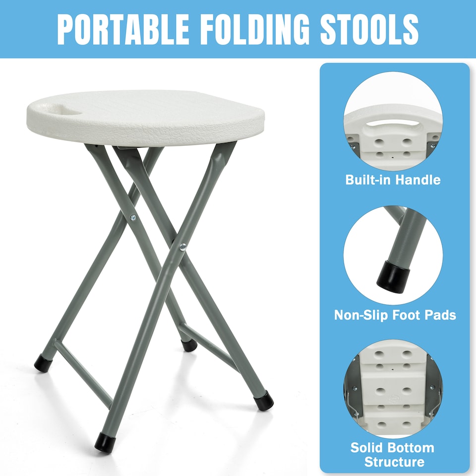 image 1 of 2x Bar Stool Folding Flat Solid Plastic Metal Frame Seat Breakfast Camping Stool