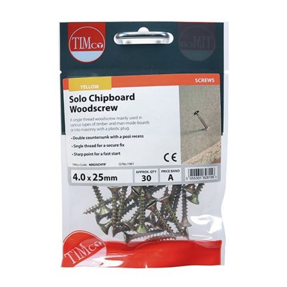 image 1 of Timco - Solo Woodscrews - PZ - Double Countersunk - Yellow (Size 4.0 x 25 - 30 Pieces)