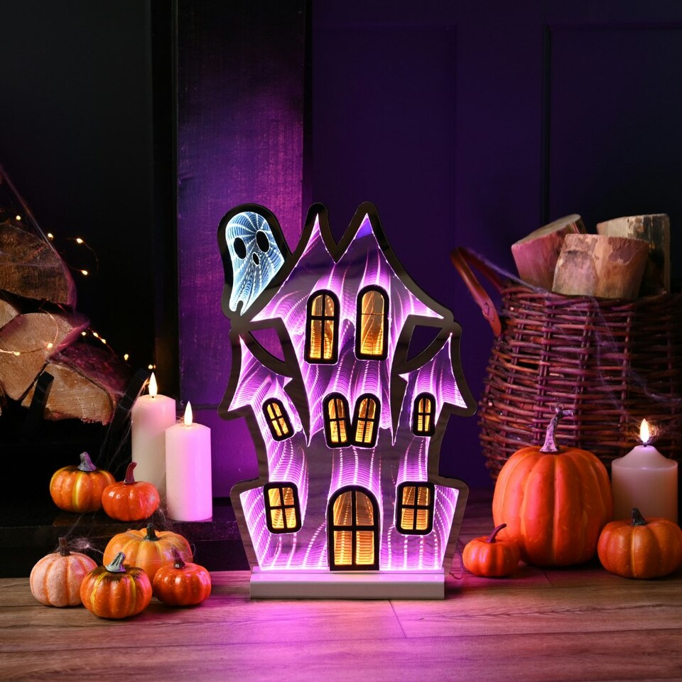 image 1 of 40cm Light up Halloween House Infinity Decoration with Pink and White LEDs