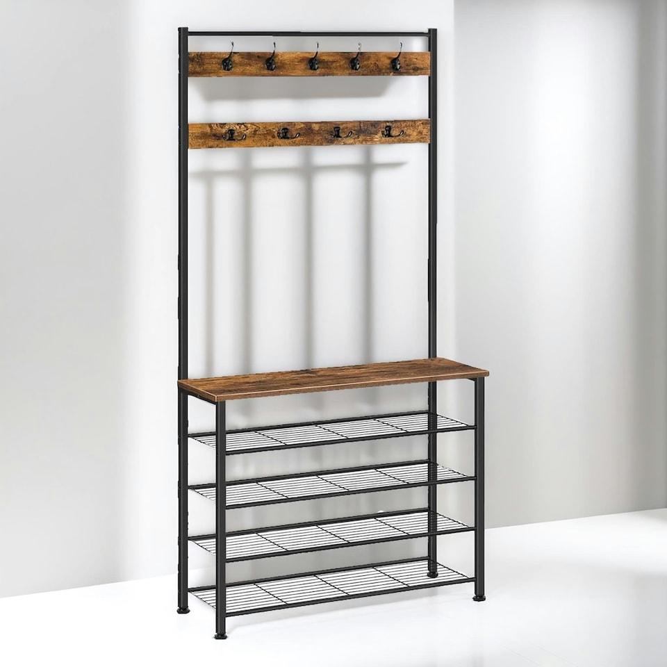 image 1 of Coat Rack Stand With 5 Tier Shoe Bench One Size