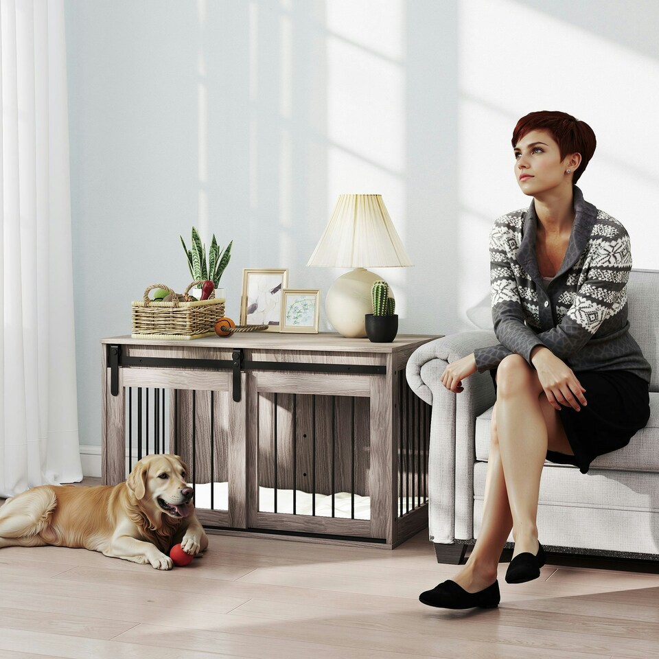 image 1 of PawHut Dog Crate Furniture with Removable Cushion for Large Dogs - Brown