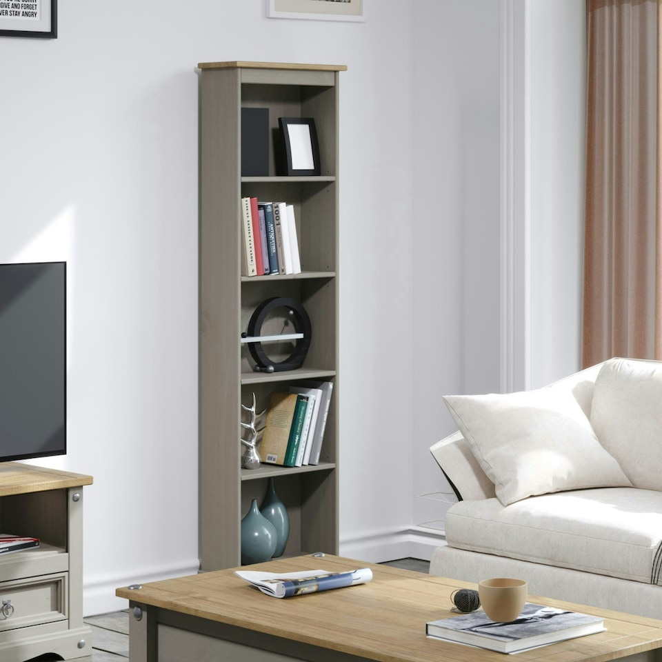 image 1 of Core Products Premium Corona Grey Tall Narrow Bookcase, Grey Wax & Antique Wax Top H176.0cm x W46.0cm x D20.0cm Grey