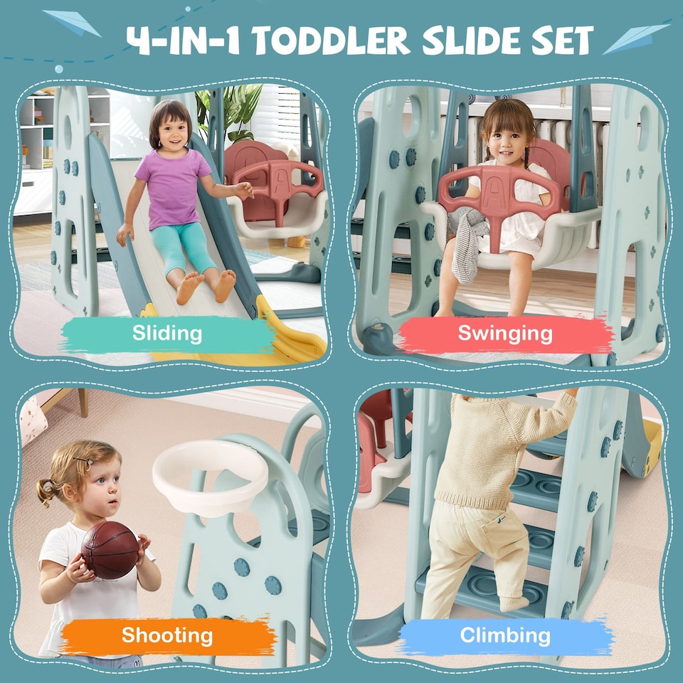 image 1 of COSTWAY 4-in-1 Kids Slide and Swing Set Freestanding Baby Slide Playset