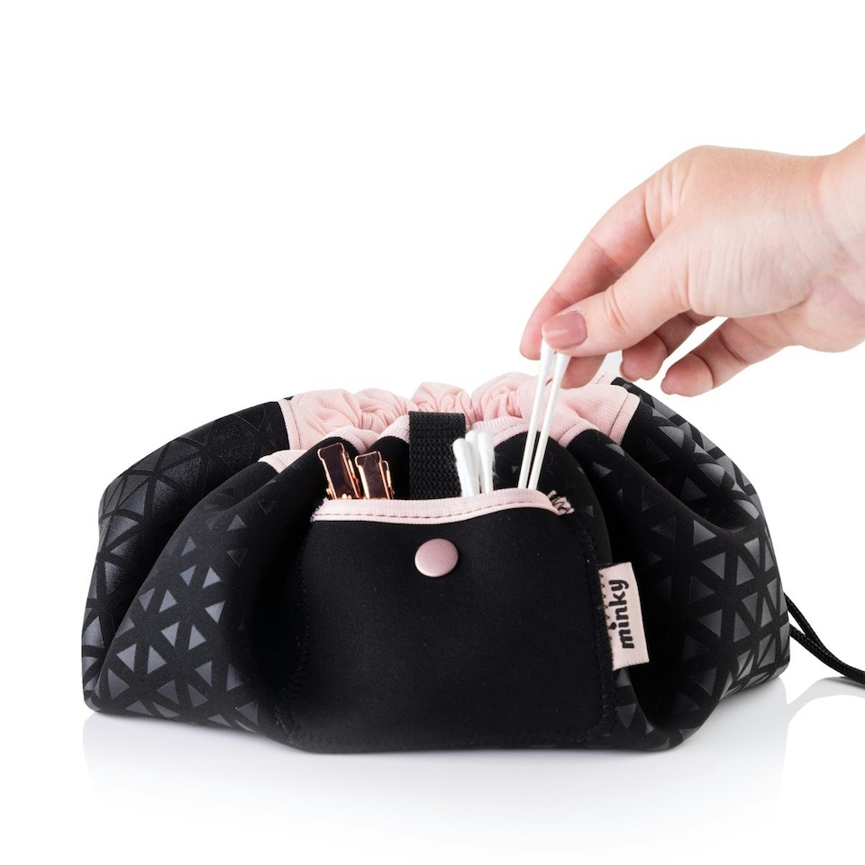 image 1 of Minky Scrunchie Beauty Bag – Black & Pink