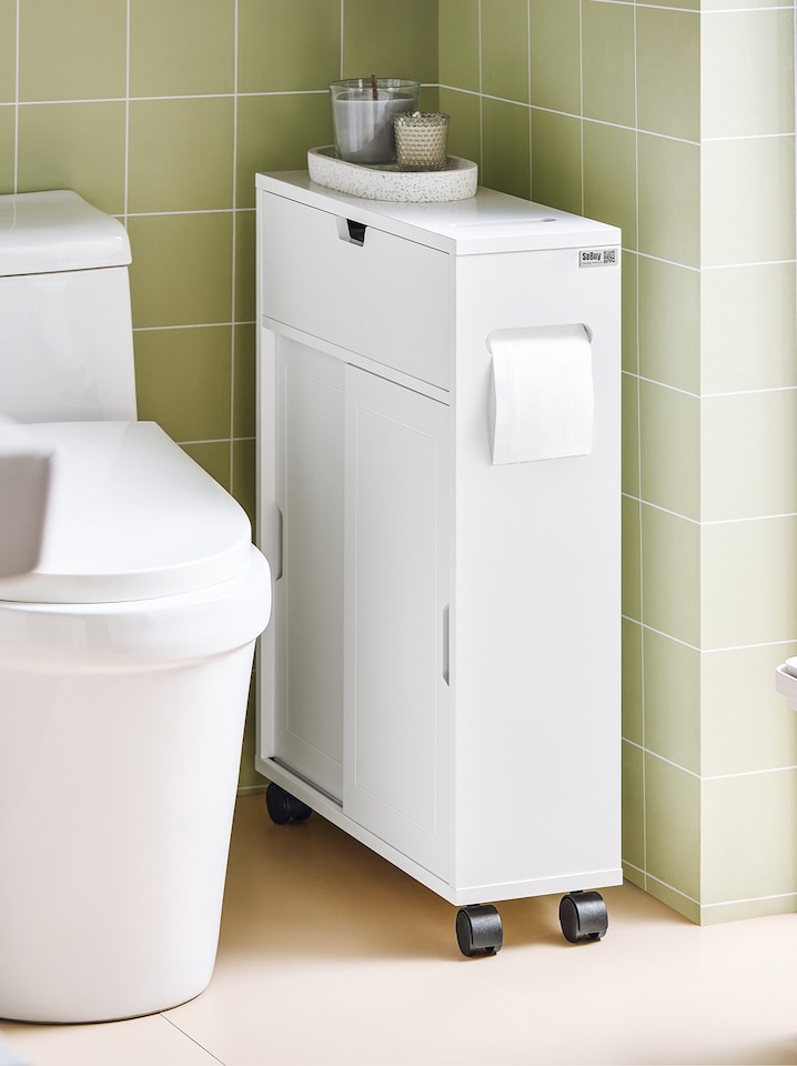 image 1 of SoBuy BZR31-W,Slim Bathroom Cabinet on Wheels with Sliding Doors | White | White | 1