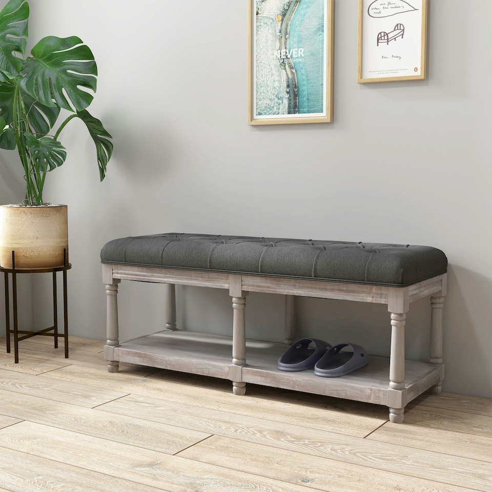 image 1 of HOMCOM 2-Tier Bed End Bench, Vintage Stool Button Tufted Window Seat Cream White