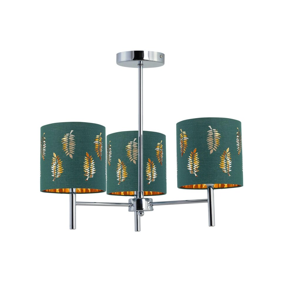 image 1 of Set of 2 Brea - Chrome 3 Light Fittings with Dark Green Fern Shades Chrome | Green