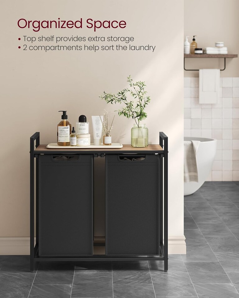 image 1 of 2-Compartment Laundry Hamper with Storage Shelf and Sorter, Camel Brown and Black