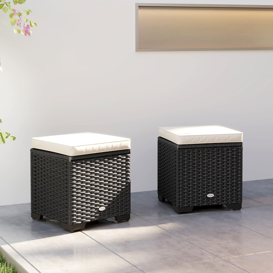 image 1 of Outsunny Set of 2 Rattan Storage Ottoman, Outdoor Footstool with Removable Cushions, Garden Storage Seat for Balcony, Porch, Living Room, Cream White | Cream | 40W x 40D x 40H cm | 1