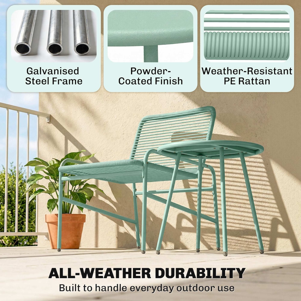 image 1 of Outsunny Rattan Bistro Set with 2 Chairs & Round Table for Patio | Green | Green | 58 x 67 x 75 cm (chair), 46 x 46 x 46 cm (table)