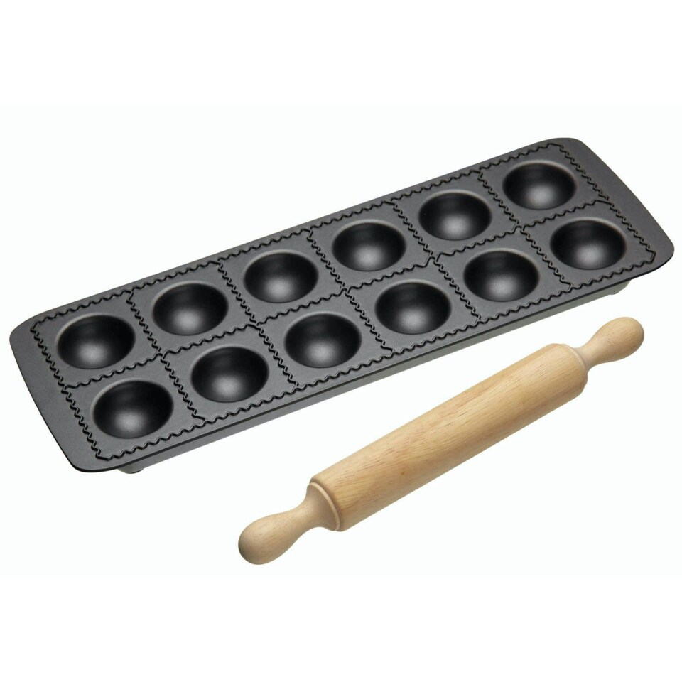 image 1 of 3pc Pasta Making Set with Yellow Stainless Steel Pasta Maker, Non-Stick Ravioli Mould and Rolling Pin