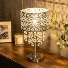 ValueLights Enna Silver Moroccan Style Bedside Table Lamp with Acrylic Jewel Droplet Drum Lampshade - Bulb Included