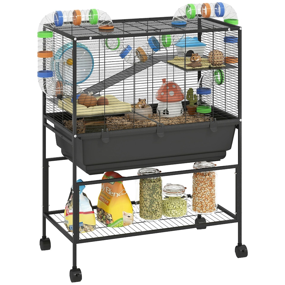 image 1 of PawHut Hamster Cage, 3 Tier Gerbil Cage on Wheels with Storage Shelf