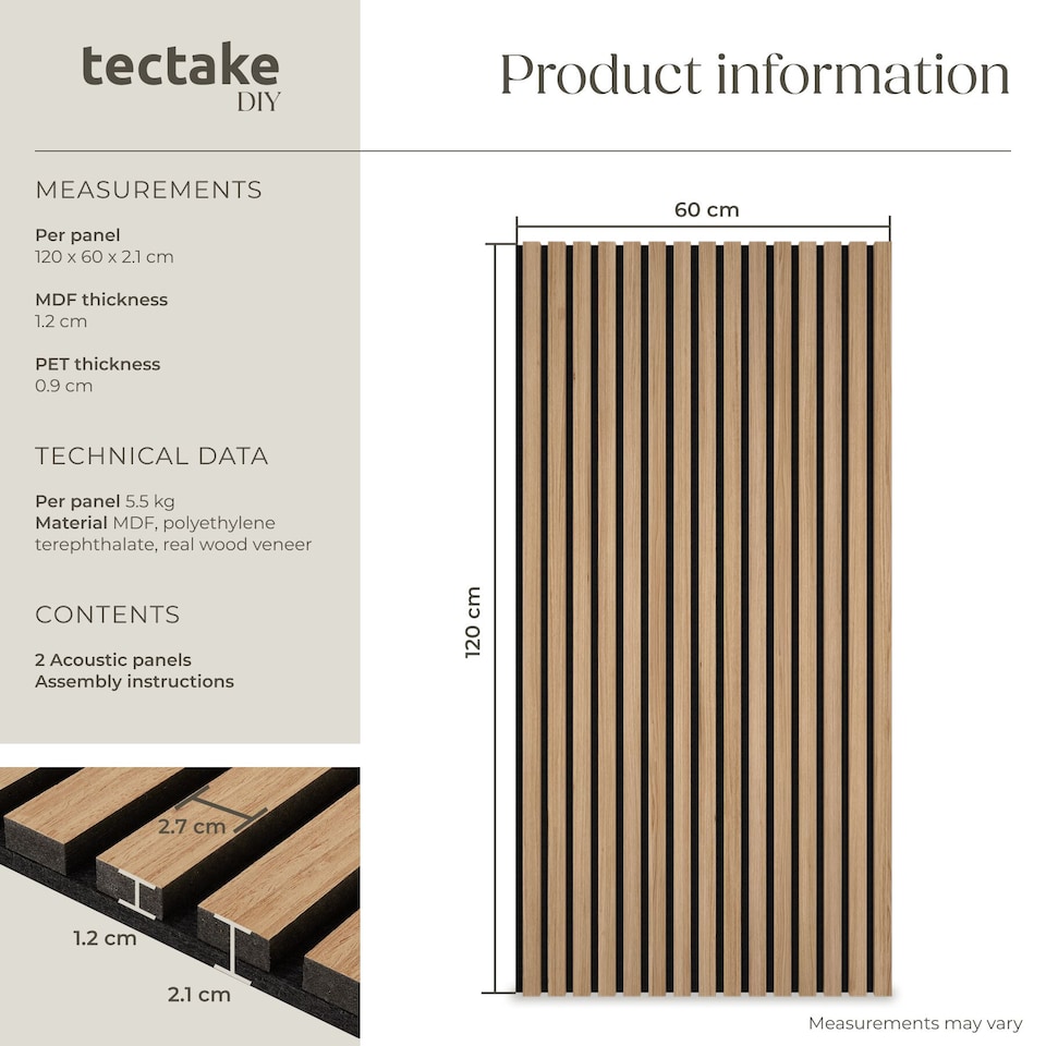 image 1 of Acoustic Wall Panels with Wood Veneer Slats, Thick Felt and Easy to Install | Brown | oak | 120 x 60 x 120 cm | 2
