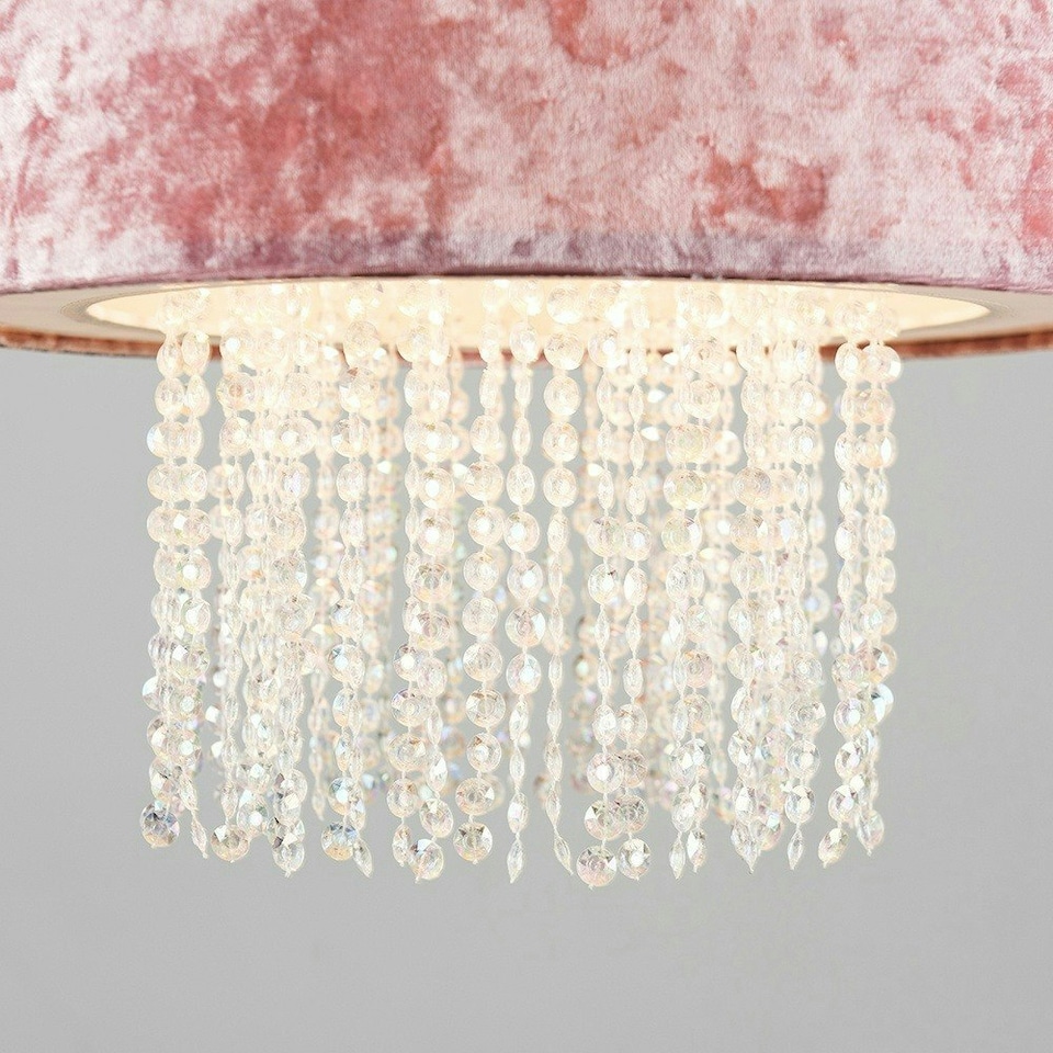 image 1 of ValueLights Pink Velvet Cylinder Ceiling Pendant Light Shade With Clear Acrylic Droplets
