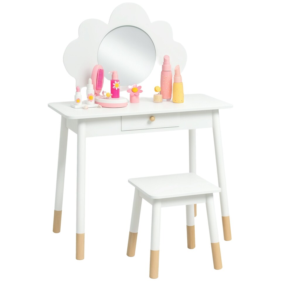image 1 of AIYAPLAY Kids Dressing Table with Mirror, Stool, Drawer, Cloud Design, White | White