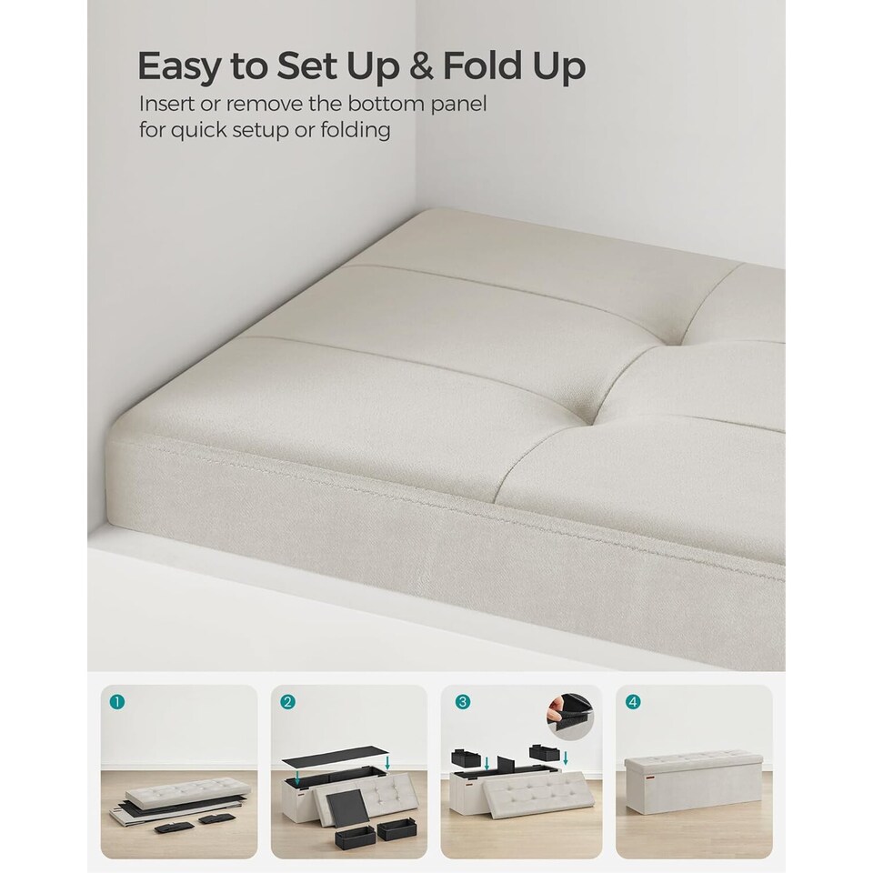 image 1 of Storage Ottoman with Extended Hidden Storage Space, Foldable Velvet Fabric Bench, 110 cm, Cream White