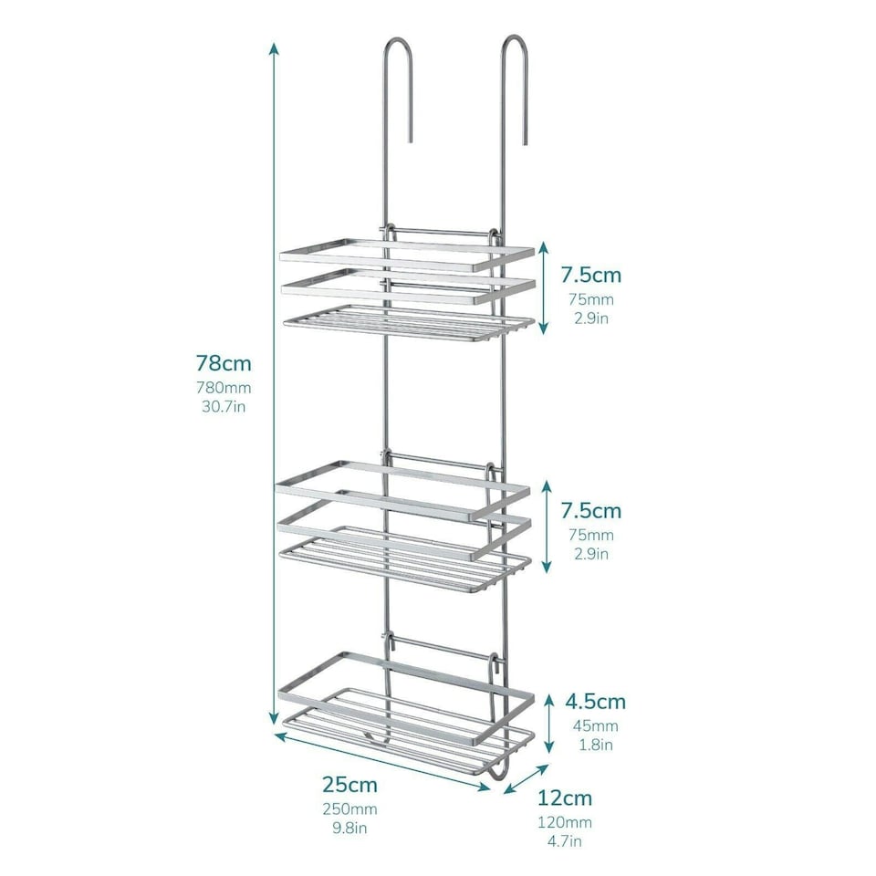 image 1 of Shower Caddy 3 Tier Bathroom Storage Organiser Hanging Basket With Shelving Over The Door Silver
