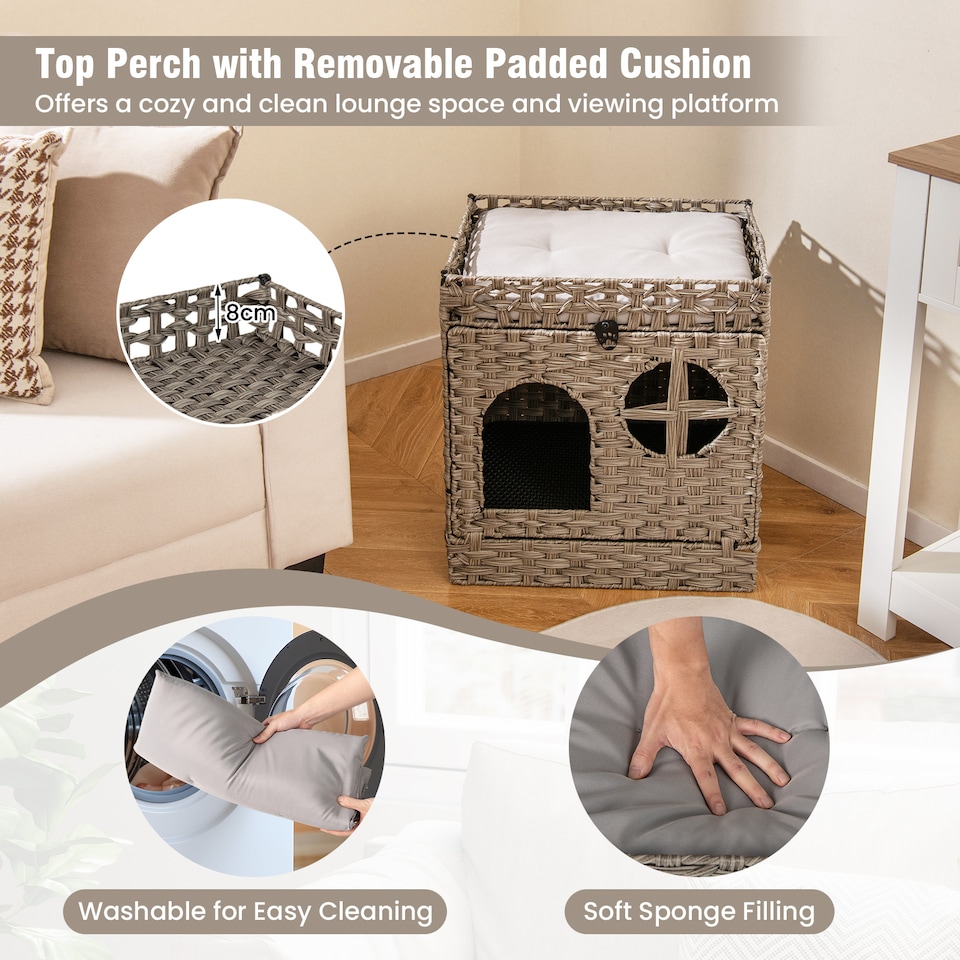 image 1 of COSTWAY Foldable 2-tier Rattan Cat Litter Box Enclosure With  Litter Mat-Gray