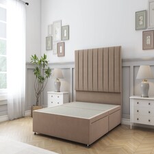 Sloomy Kansas Mink Plush Divan Bed Base No Drawers With 26 Inch Strutted Headboard | Brown | Mink | Small Double | 1