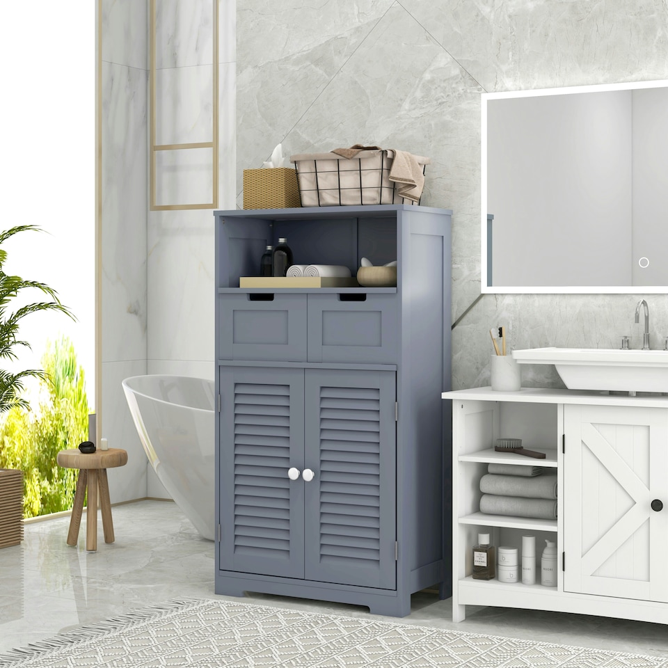 image 1 of kleankin Free Standing Bathroom Storage Cabinet with Louvred Doors, 2 Drawers, Grey