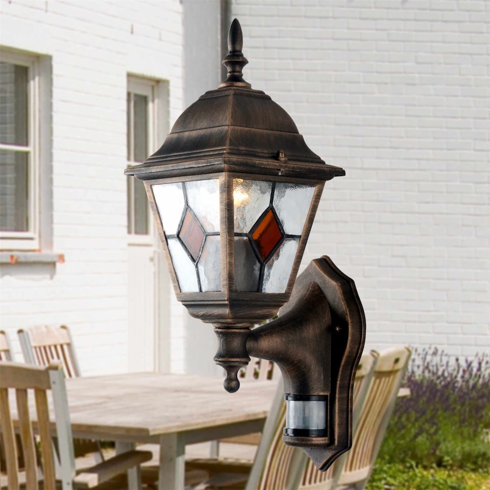 image 1 of Set of 2 Morecambe - Black with Brushed Gold Motion Sensor Outdoor Wall Lights | Black | Clear | 2
