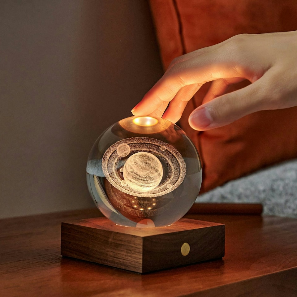 image 1 of Gingko Design Amber Crystal Light 3D Saturn with Wooden Walnut Base - Large | Multi