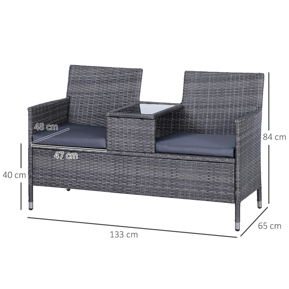 image 1 of Outsunny Rattan Chair Garden Furniture Patio Companion Love Seat Table Grey