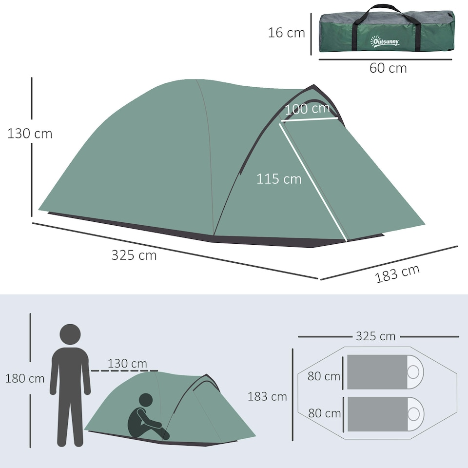 image 1 of Outsunny Compact Camping Tent w/ Vestibule & Mesh Vents for Hiking Green