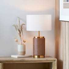 Cylinder Wood Effect Ceramic Table Lamp with Shade | Brown | Brown | 1