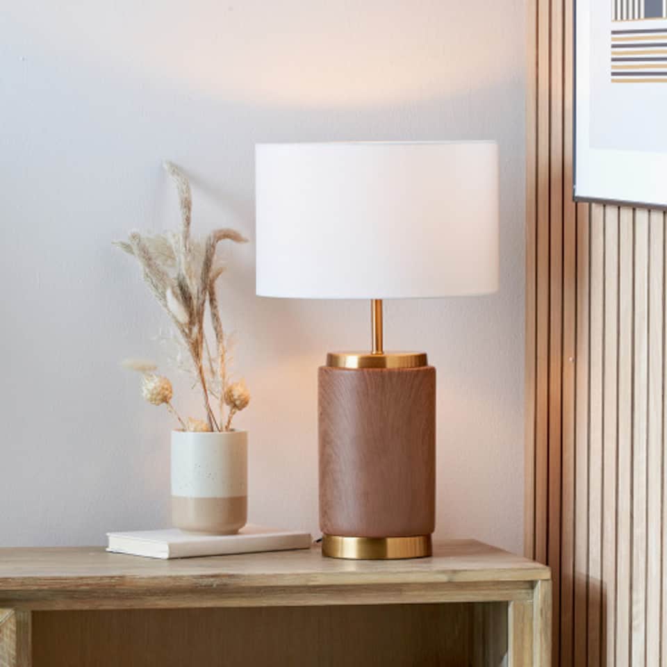image 1 of Cylinder Wood Effect Ceramic Table Lamp with Shade | Brown | Brown | 1