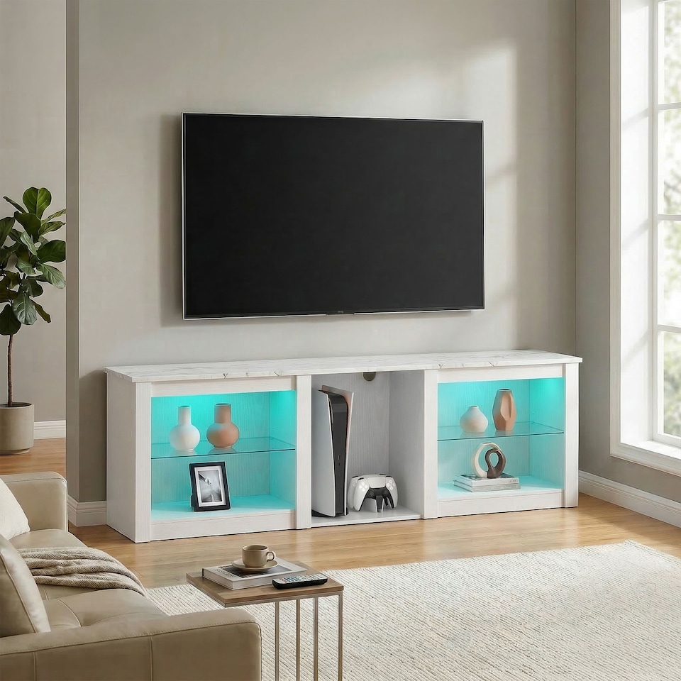 image 1 of HOMCOM 160cm TV Unit w/ LED Lights for 70in TV Modern TV Stand Cabinet | White | White