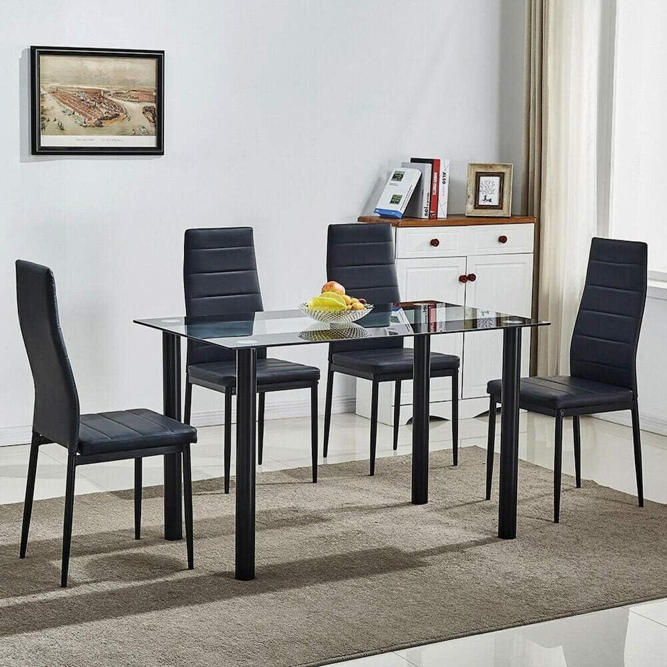 image 1 of Black Glass Dining Table Set With 4 Black Chairs For Dining Room And Kitchen Furniture | Black | One Size | 5