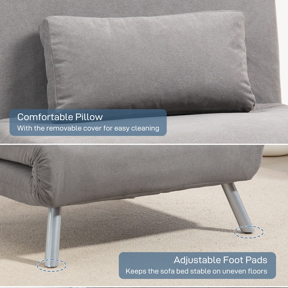 image 1 of HOMCOM Single Chair Bed, 3-in-1 Click Clack Convertible Bed Settee with Adjustable Backrest, Snow Flannel Upholstered Lounge Couch with Pillow for Living Room, Bedroom, Home Office, Small Space, Grey