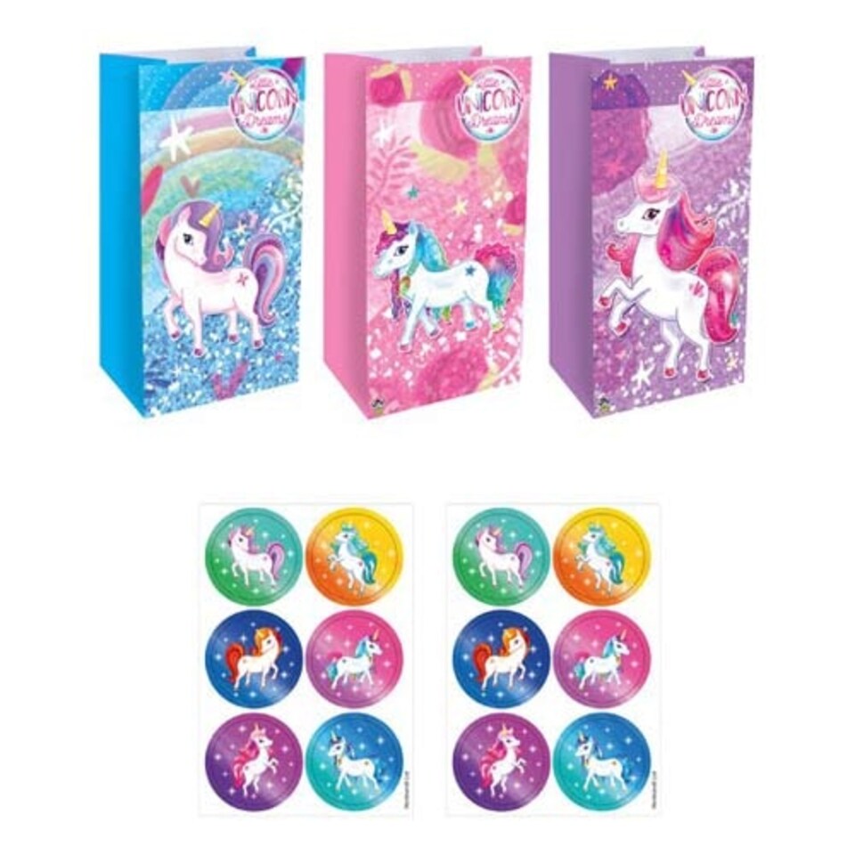 Assorted Unicorn Paper Party Bags with Sealing Stickers - Pack of 12