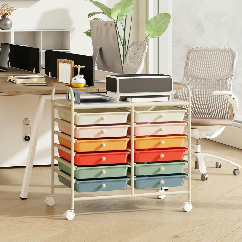 image 1 of COSTWAY 12 Drawers Utility Cart Storage Rolling Macaron