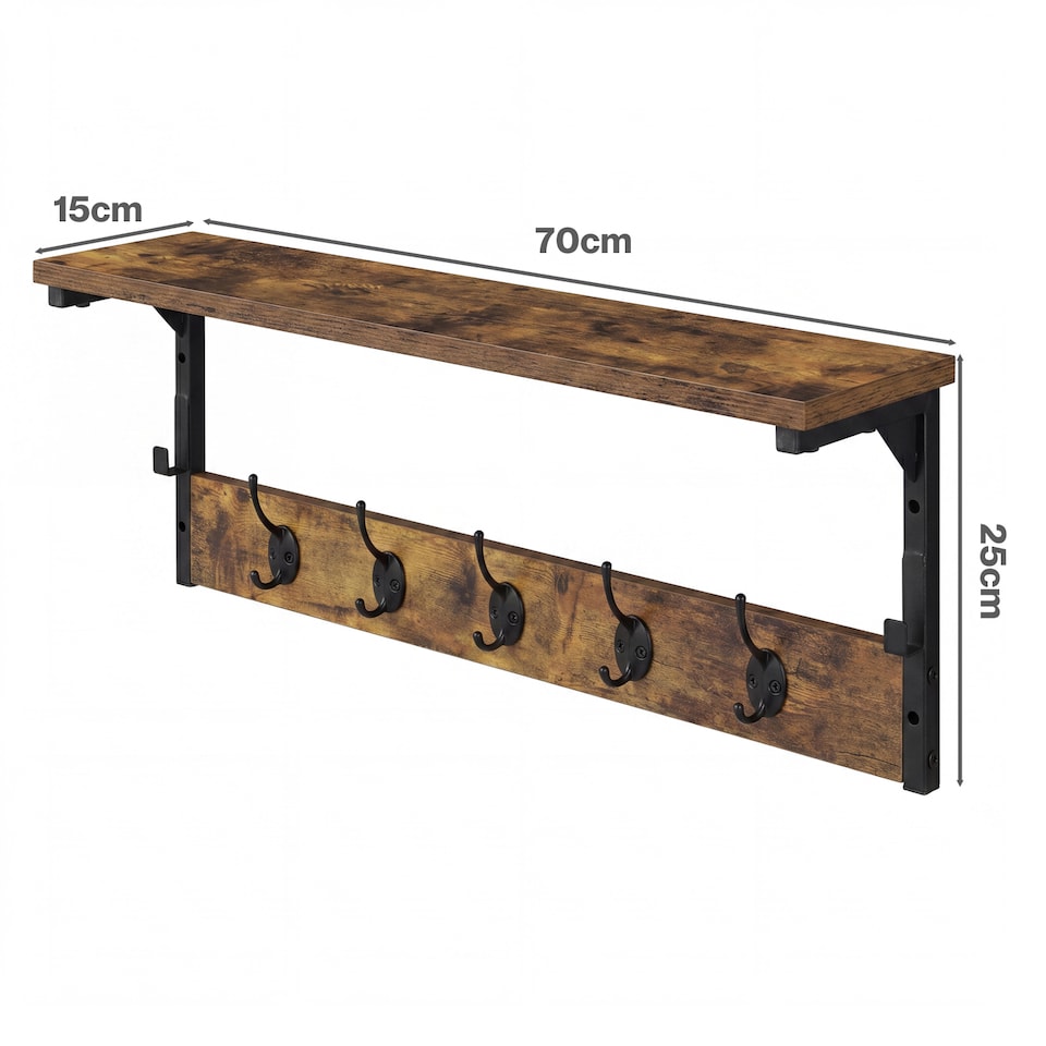 image 1 of Levede Coat Rack Wall Mounted Shelf 7 Hooks Heavy Duty Entryway Storage Brown