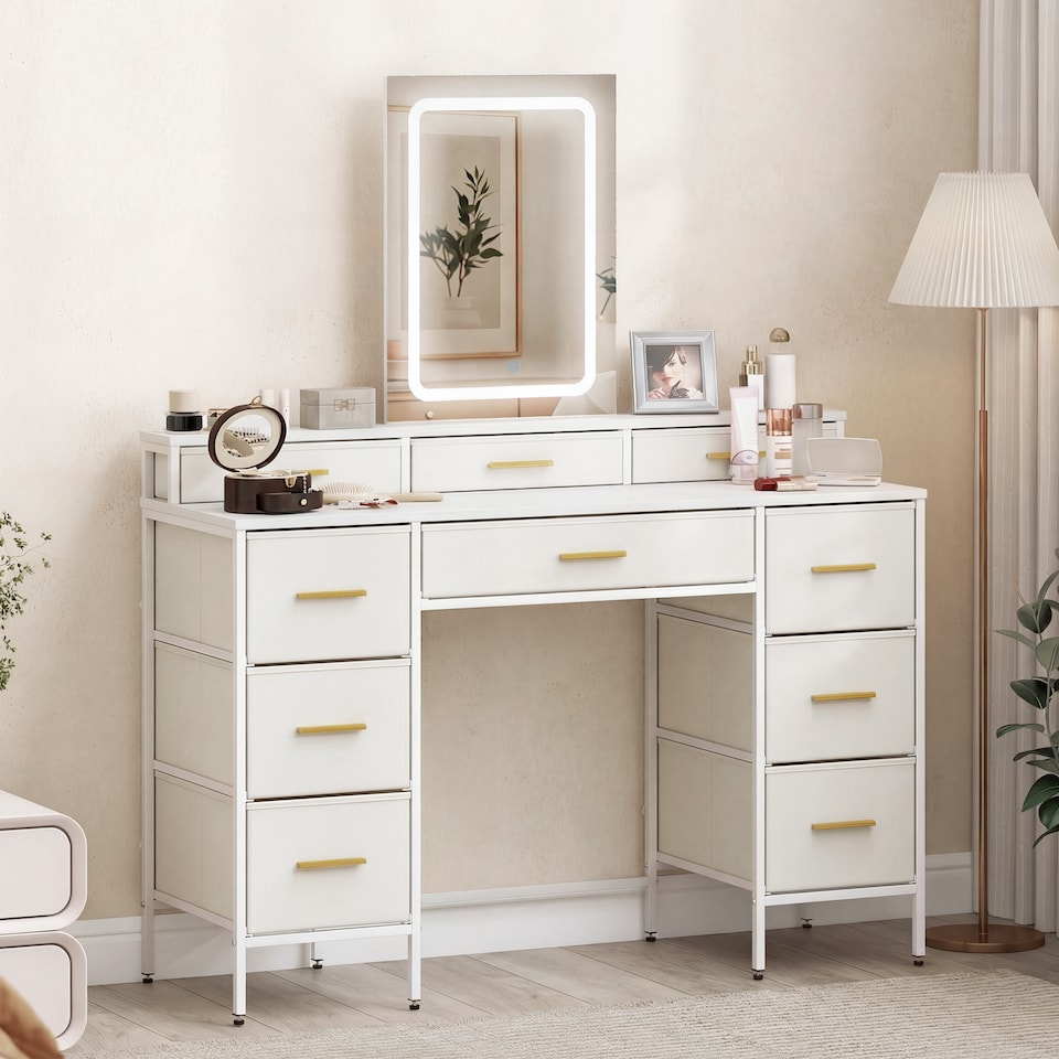 image 1 of HOMCOM Dressing Table with LED Lighting Mirror and 10 Drawers, White | Black