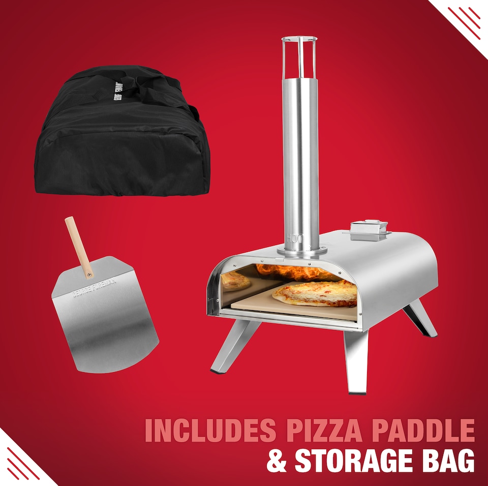 image 1 of George Foreman GFWPPO2SSPC Pizza Oven Stainless Steel 16" Wood Pellet with Paddle & Carry Bag