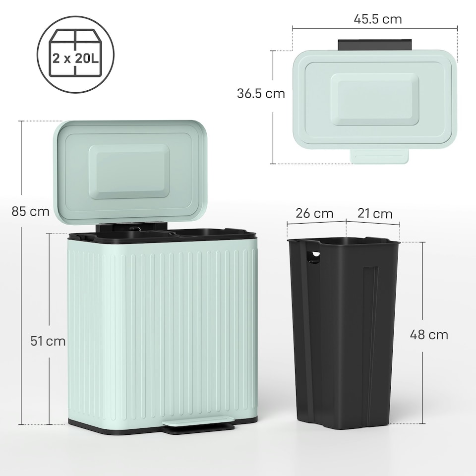 image 1 of HOMCOM 2 x 20L Double Rubbish Bin, Pedal Bin with Soft-Close Lid Green | 40L