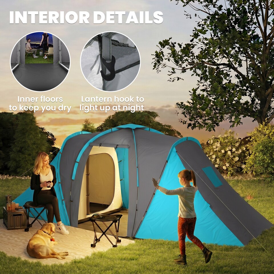 image 1 of Outsunny 4-6 Man Camping Tent with 2 Bedroom and Living Area, Grey and Blue